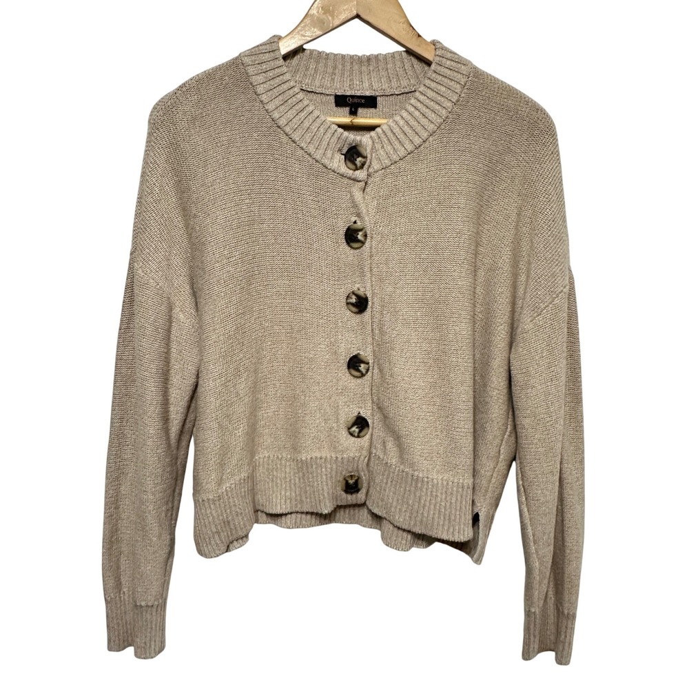 Quince Organic Cotton Cropped Cardigan Sweater Women Large Beige Minimal Classic